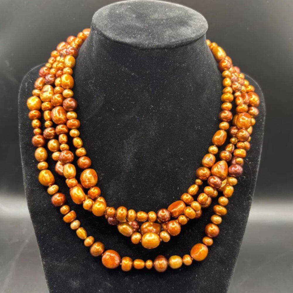 Authentic 70” Freshwater Pearl Necklace – Radiant Bronze & Gold Tones